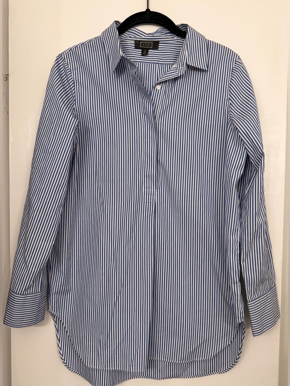 AYR 1/4 Button Down Long Sleeve Blouse Blue & White Stripe Size XS